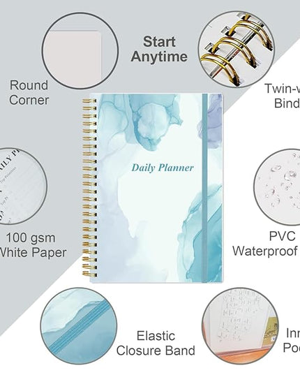 Daily Planner Undated - B5 To Do List Notebook Hourly Schedules, Spiral Appointment Planner for Women and Men, PVC Hardcover, Inner Pocket, Elastic Closure, 7" x 10", Blue Watercolor