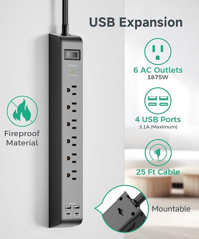 2 Pack Surge Protector Power Strip with 6 Outlets 4 USB Ports (2 USB C) 25-Foot Extension Cord Flat Plug 900 Joules 15A Circuit Breaker Wall Mount Desk USB Charging Station for Home Office