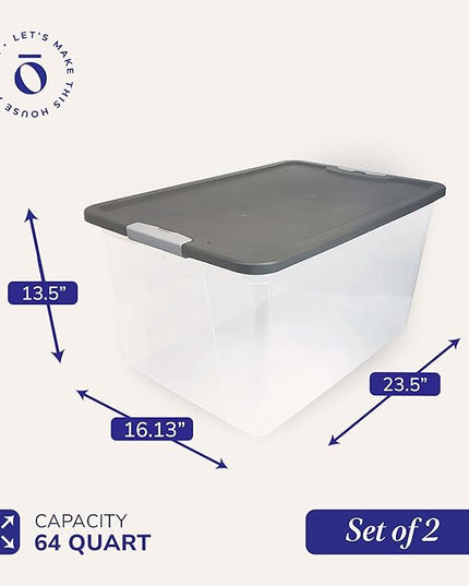 HOMZ 2-Pack Secure Latch, Clear Plastic Storage Organizer Bins, 64 Quart, Gray Lid - Heavy-Duty Container Boxes with Lids for Home, Office, and Garage