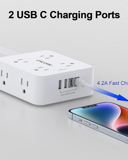 10Ft Surge Protector Power Strip - CHCORE Flat Plug Extension Cord with 8 Outlets and 4 USB Ports(2 USB C), 3 Side Wall Mount Outlet Extender for Home Dorm Room Essentials, ETL Listed, White