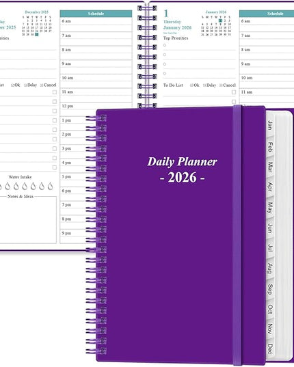 Daily Planner 2026 Full Page Per Day- 2026 Daily & Monthly Planner from January 2026 to December 2026, Day Planner 2026 with 12 Months Tabs, 6.4" x 8,5", Purple