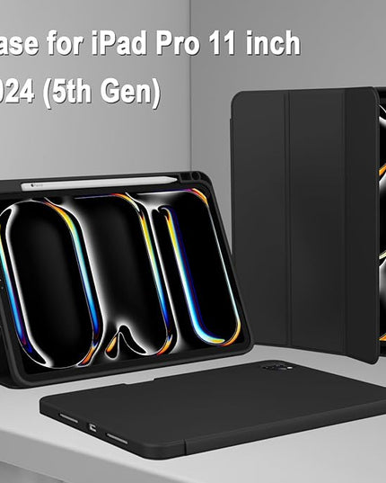ZryXal iPad Pro 11 Inch Case (M5) 2025/ (M4) 2024 (Model: A3357,A3358,A3359,A2836/A2837/A3006), Trifold Stand Smart Cover with Pencil Holder and Soft TPU Back, Auto Wake/Sleep (Black)