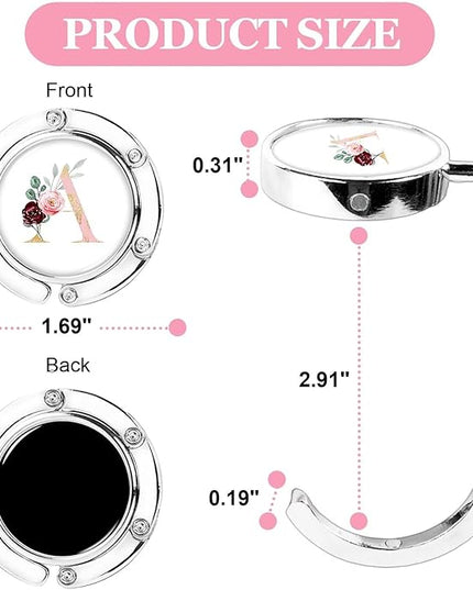 XSUIOY 3Pcs Personalized Initial Foldable Purse Hook for Table,Crushed Flower Letters Folding Purse Hanger,Purse Holder Handbag Hanger Collection Desk Table Bag Hooks Gifts for Women Bag(Pink-A)
