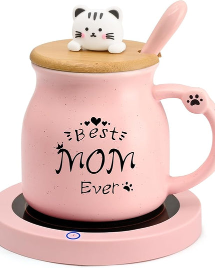 Coffee Mug Warmer, Best Mom Ever Mug, Cute Cat Mug Set, Cup Warmer for Desk, Gifts for Women, Pink Heated Warmer for Mom Home Office Christmas Birthday Gifts