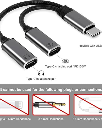 USB C Splitter，2 in 1 USB C Headphone and Charger Adapter Audio Dongle Cable with PD 100W for iPhone 16 15 Pro Max, Pixel 9 8 7, Galaxy S24 S23 S22, iPad Pro