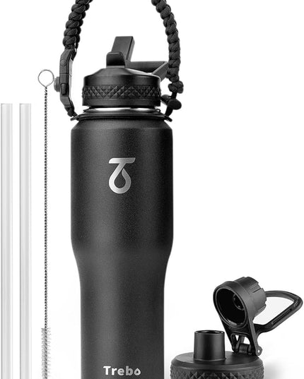 Trebo 32 oz Water Bottle Insulated Fit in Any Car Cup Holder,Triple Wall Vacuum Stainless Steel Water Bottles (Keep Cold for 48 Hrs),Leakproof Tumbler Flask with Paracord Handle,Straw Spout Lids