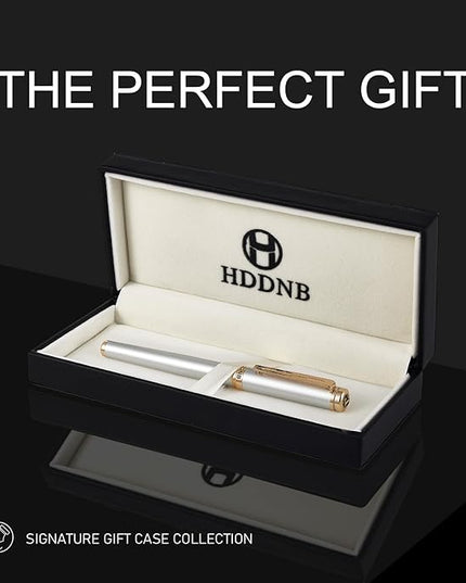 HDDNB Silver Luxury Fountain Pen Set for Men and Women with Gift Box, 24K Gold Finish and Gilded Nib(Extra Fine) with 5 Black Ink Cartridges and Converter