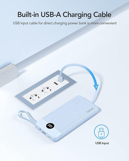 VRURC 10000mAh Power Bank Built-in Cables, Portable Charger with LED Display, Slim Travel Battery Pack with Cords, 5 Output Dual Input Phone Charger for Cell Phone Smart Devcies-Blue(1 Pack)