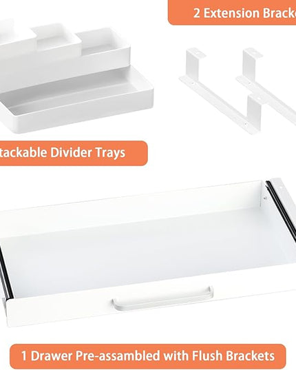 OSteed Under Desk Drawer White 21" with 4 Divider Trays, Under Shelf Pencil Drawer Pull-out, Standing Desk Metal Storage Attachment Slide Out for Workbench