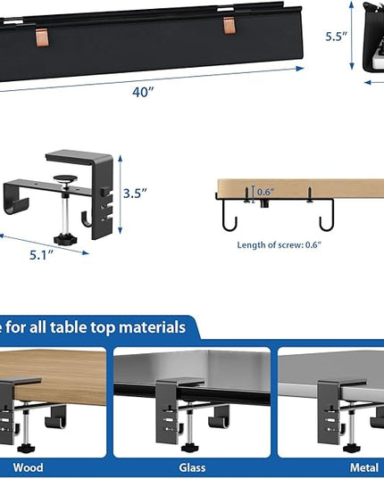 Zilink No Drill Under Desk Cable Management Tray 40" Cord Organizer for Table Clamp/Screw Mount Cable Management Under Desk Waterproof Fabric Cable Management Tray for Office, Home