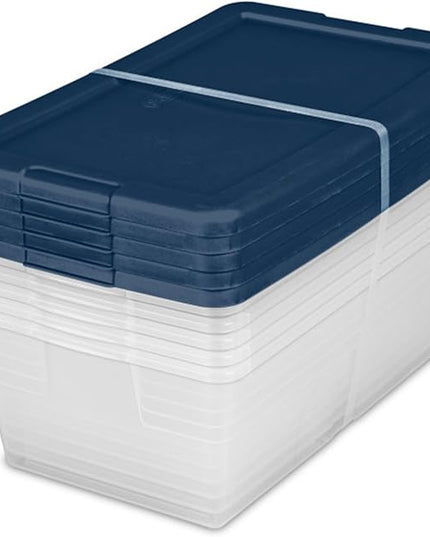 Sterilite Stackable 6 Quart Clear Home Storage Box with Handles and Blue Lid for Efficient, Space Saving Household Storage and Organization (30 Pack)