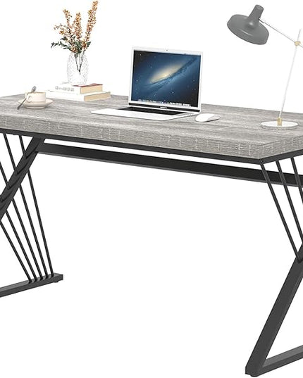 FOLUBAN Modern Desk, Rustic Wood and Metal Computer Desk for Home Office, Simple Study Writing Gaming Table for Bedroom Living Room, Light Grey, 53 Inch