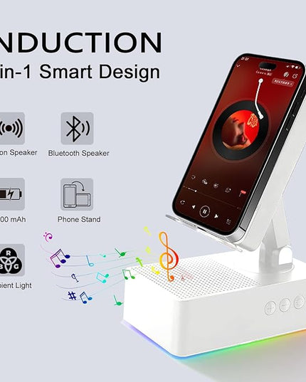 Wireless Induction Bluetooth Speaker, 5-in-1 Foldable Phone Holder, 1500mAh Emergency Charging, Colorful LED Ambient Light, Tech Gadgets Gifts for Men Women, for iPhone Android Tablet, Ivory