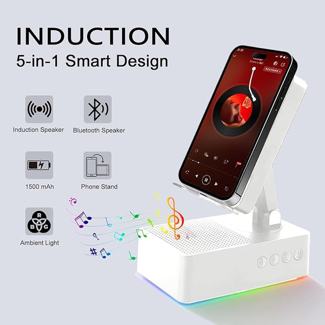 Wireless Induction Bluetooth Speaker, 5-in-1 Foldable Phone Holder, 1500mAh Emergency Charging, Colorful LED Ambient Light, Tech Gadgets Gifts for Men Women, for iPhone Android Tablet, Ivory