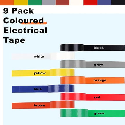 Romeda 9 Pack Coloured Electrical Tape, Electrical Tape Colours Water, Sun, and Oil Resistant, Suitable for Most Domestic, Commercial, and Industrial environments.