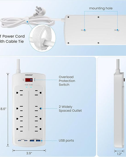 8-Outlet Surge Protector Power Strip, POWSAF 5Ft Flat Plug Extension Cord with 2 USB-C (PD 20W) Fast Charging Ports and 2 USB-A Ports for Home, Office, 2700 Joules, ETL, White