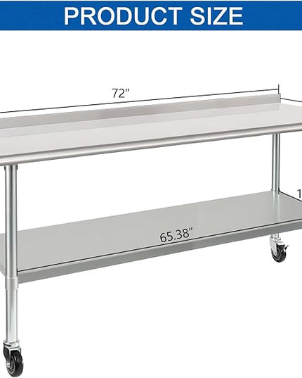 HARDURA Stainless Steel Table 24 x 72 Inches with Wheels Casters NSF Heavy Duty Commercial Prep Table with 2” Backsplash and Adjustable Undershelf for Restaurant Kitchen Home and Hotel