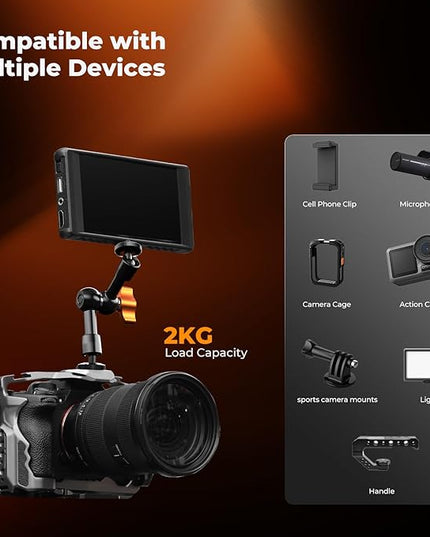 K&F CONCEPT 6" Magic Arm Clamp Kit with 1/4" & 3/8" Thread Screw, 360°Ballhead Articulating Friction Arm with Camera Clamp Mount for Monitor, LED Light, Webcam, Action Camera