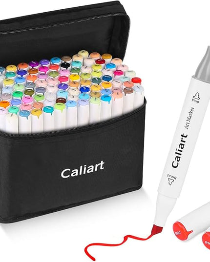 Caliart Markers, 100 Colors Dual Tip Art Markers Sketch Pens Permanent Alcohol Based, with Case for Adults Artists Drawing Illustration Sketching Coloring (White Barrel)