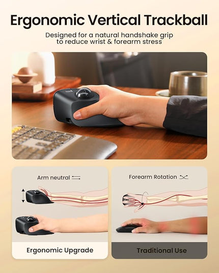 ProtoArc Vertical Wireless Trackball Mouse, EM05 NL Bluetooth Ergonomic Rollerball Mouse Rechargeable Computer Laptop Thumb Mice, 3 Device Connection, Compatible with iPad, Mac, Windows, PC-Gray