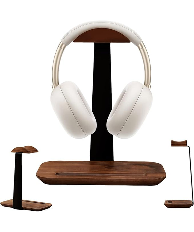 ZHIYUEJING Walnut Wood Headphone Stand,Headphone Rack with Storage Base Plate,Headphones Holder for Study Rooms,Gaming Spaces,Desktop,Office