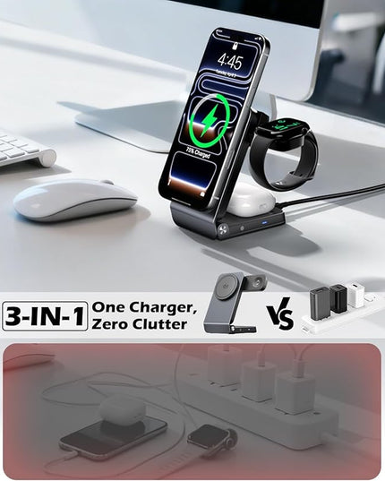 CloudValley 3-in-1 Magnetic Travel Wireless Charging Station, Qi2.2 25W Foldable Charging Stand with TEC Active Cooling Fan, Design for MagSafe iPhone 17/16, AirPods & Apple Watch（Adapter Included