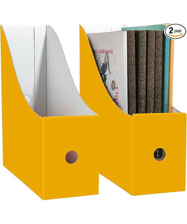 Limitliho 2 Pack Magazine File Folder Holder for Desk, Golden Yellow Book Bins for Classroom Library,Office,Home, 10.6" H x 10.2" L x 3.5" W in Cardboard Paper Organizer