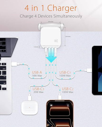 3inuS 100W USB C GaN Wall Charger for Smart Phone 17/16 Pro/Pro Max/Plus, Plug Foldable 4-Port PD USB-C Charger with Traveller Adapters, use for Tablet, Mac Book Laptops etc.