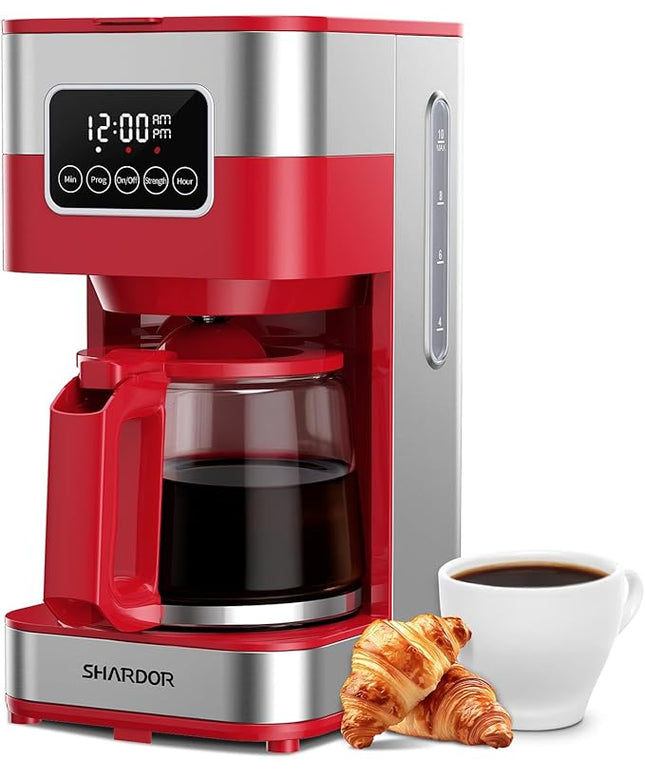 SHARDOR 10-Cup Programmable Coffee Maker, Regular & Strong Brew Drip Coffee Machine for Home and Office, Auto Shut Off, Permanent Filter (red)