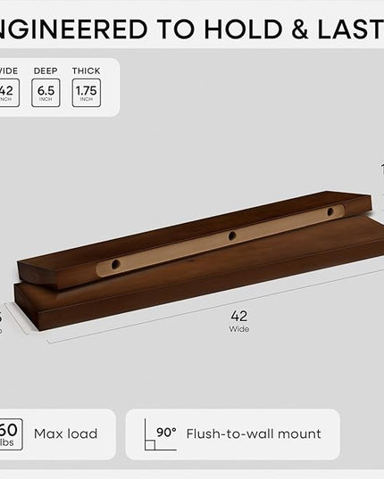 Homeforia Walnut 42 inch Floating Shelves, High End Solid Real Wood 42inch Floating Shelf for Wall, Large Dark Brown 42 inches Long Floating Shelves, Heavy Duty Bracket, 42 X 6.5 X 1.75 inch, Set of 2