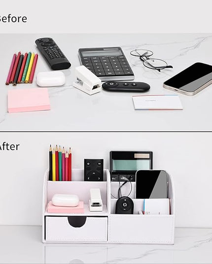 KINGFOM Pu Leather Desk Organizer Pen Pencil Holder Office Supplies Caddy Storage Box 6 Compartments with Drawer White (Full Pu Leather)