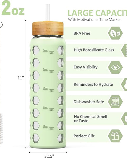 MUKOKO Glass Water Bottles,32oz Glass Tumbler with Straw,Drinking Bottles with 2 Lids-Handle Spout Lid&Bamboo Straw Lid,Motivational Water Bottle with Time Marker and Silicone Sleeve,1 Pack-Mustard