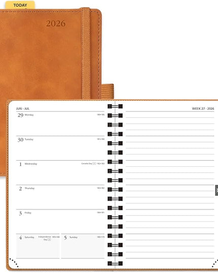 POPRUN 2026 Planner Weekly Notebook (Jan-Dec), Small Size 4''x 6.25'' - 2026 Pocket Calendar for Purse with Spiral Soft Cover, Plastic Ruler, Inner Pocket, 100 GSM - Brown