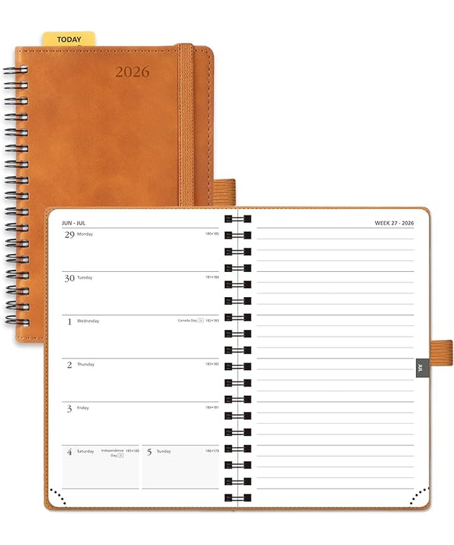 POPRUN 2026 Planner Weekly Notebook (Jan-Dec), Small Size 4''x 6.25'' - 2026 Pocket Calendar for Purse with Spiral Soft Cover, Plastic Ruler, Inner Pocket, 100 GSM - Brown