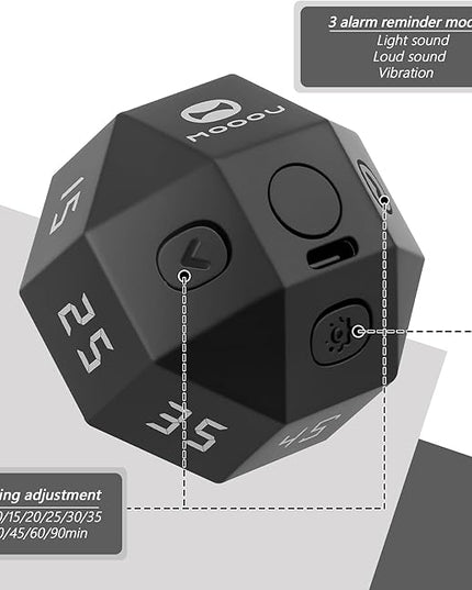 Mini 12-Sided Cube Timer with Preset Countdowns of 1-3-5-10-15-20-25-30-45-60-90 Minutes, Rechargeable Time Management Tool for ADHD, Study, Cooking, Focus (Grayish White)