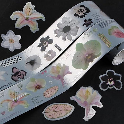 Qojai 2 Rolls Vintage Floral Washi Tape Stickers Matte Silver Die-Cut Plant Flower Washi Tape for Journaling Scrapbook Supplies Pretty Wide Washitape Decorative Tapes for Crafts Scrap Booking Supples