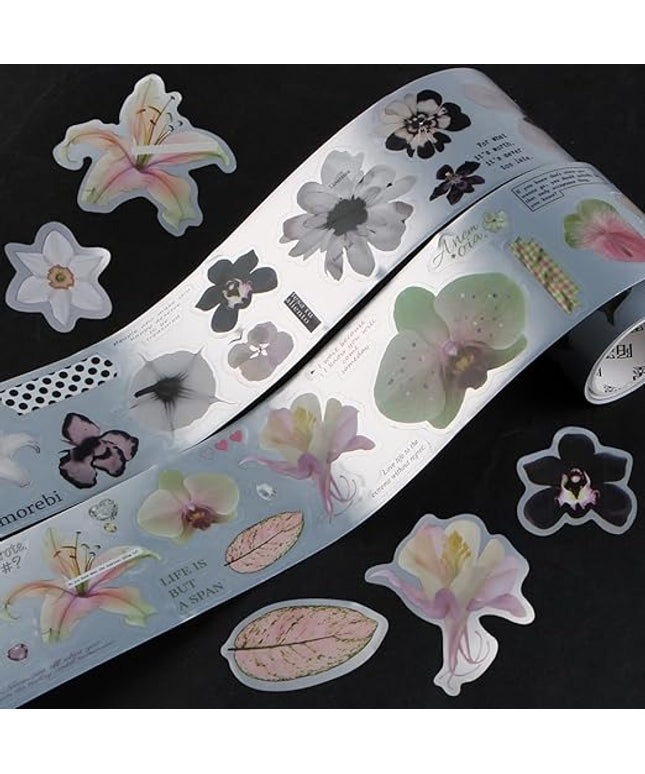 Qojai 2 Rolls Vintage Floral Washi Tape Stickers Matte Silver Die-Cut Plant Flower Washi Tape for Journaling Scrapbook Supplies Pretty Wide Washitape Decorative Tapes for Crafts Scrap Booking Supples