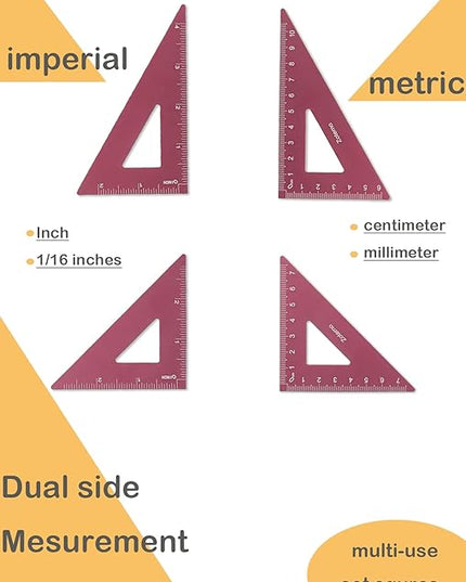 Zotemo Metal Geometry Set, 5-Piece Aluminum Ruler, Math Drafting Ruler Kit Includes Protractor, Triangle Rulers, Straight Rulers-Math Measurement Tools for School and Office Supplies (Plum Red)