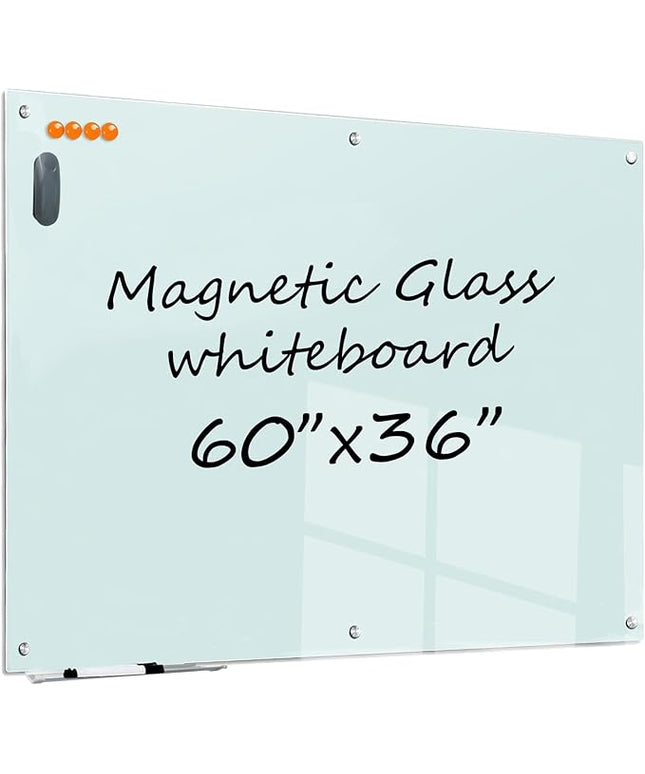 Magnetic Glass Whiteboard - 60"x36" Dry Erase White Board Frameless Glass Boards with Super Strong Magnets, Wall Mounted for Office, School and Home