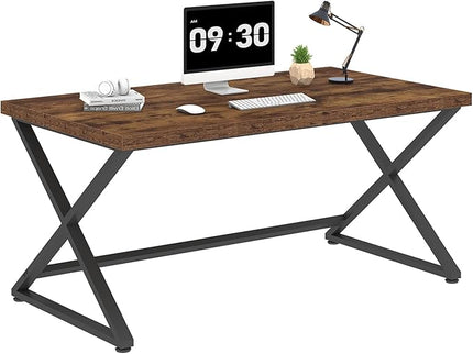 IBF Rustic Computer Desk, Industrial 47” Home Office Desk, Farmhouse Wood Metal Work Desk for Writing Study, Vintage Minimalist Executive Workstation PC Gaming Table in Bedroom, Rustic Brown