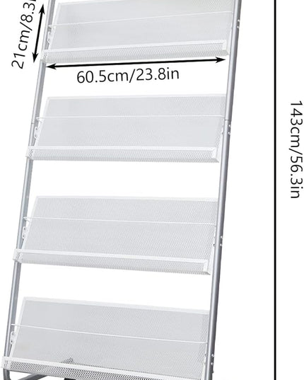 4-Layer Iron Magazine Rack with Wheels, Newspaper Rack, Display Rack, Silver (63)