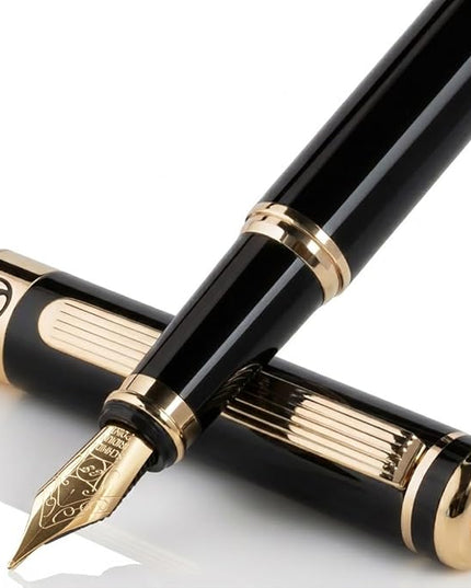 Scriveiner Luxury Fountain Pen - Stunning Black Lacquer Pen, Real Gold Finish, Schmidt Gilded Nib (Extra Fine), Converter, Best Pen Gift Set for Men & Women, Professional, Executive, Office, Nice Pens