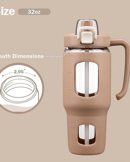 32oz Glass Tumbler with Straw Handle and 2-IN-1 Sip & Spout Lid, Reusable Iced Coffee Cup for Smoothie, Matcha, Leakproof Glass Water Bottle with Straw and Silicone Sleeve, BPA Free-Amber