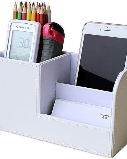 KINGFOM Desk Organizer Office Supplies Caddy Pu Leather Multi-function Storage Box Pen/Pencil,Cell phone, Business Name Cards Remote Control Holder White