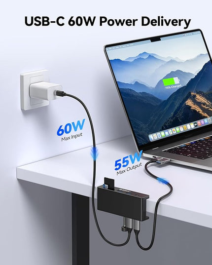 ORICO USB Hub 3.2, USB Hub Clamp with Type-C PD 60W Port, 10Gbps Aluminum 6-Port USB Adapter with 2 USB-A 3.2 Ports, USB-C 3.2, SD/TF Card Reader 3.0, AUX, USB-3.2 Splitter for Monitor, Desk