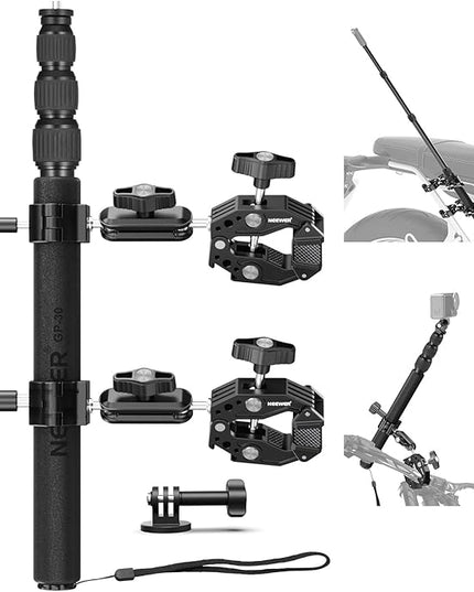 NEEWER Motorcycle Camera Mount Kit, Bicycle Handlebar Invisible Selfie Stick with Dual Ball Heads, Super Clamps, Action Camera Adapter Compatible with GoPro Insta360 DJI AKASO Action Cameras, GP-30
