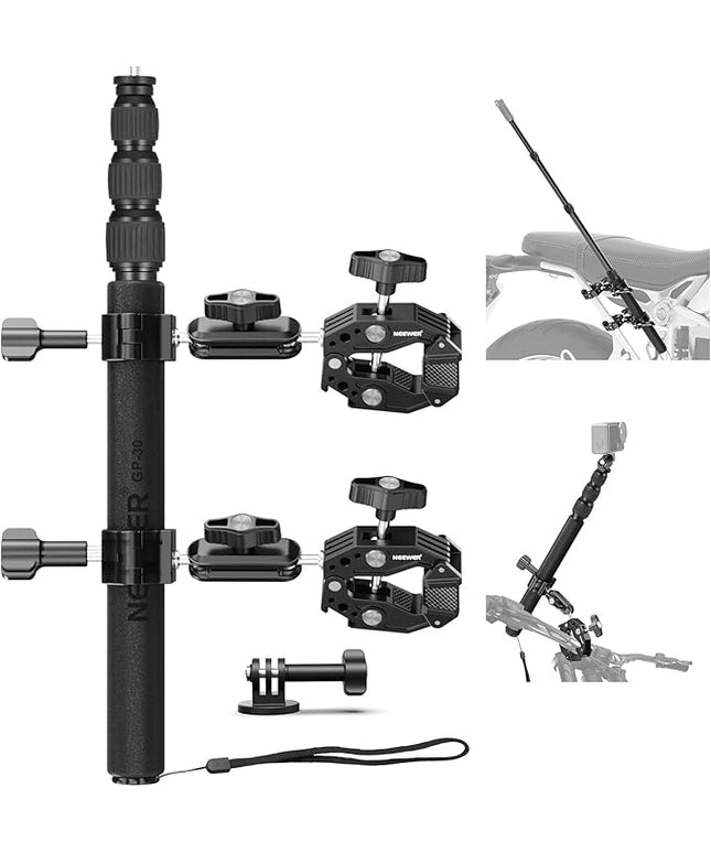 NEEWER Motorcycle Camera Mount Kit, Bicycle Handlebar Invisible Selfie Stick with Dual Ball Heads, Super Clamps, Action Camera Adapter Compatible with GoPro Insta360 DJI AKASO Action Cameras, GP-30
