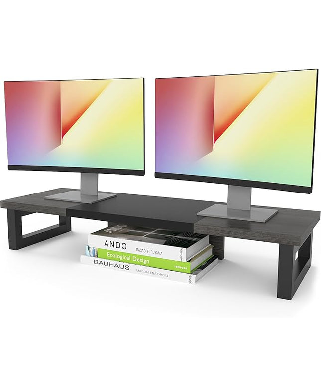 WESTREE Dual Monitor Stand Riser, Wood and Steel Monitor Stand Riser, Computer Monitor Stand for 2 Monitors, Multi-Purpose Desktop Storage Stand for Computer,Laptop,Printer,TV