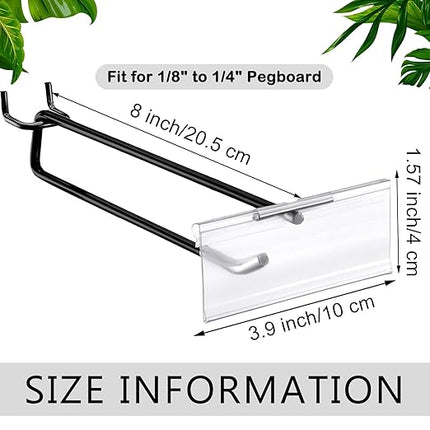 Tandefio 50 Pack 8 Inch Black Metal Peg Board Hooks with Clear Plastic Label Holder Stainless Steel Display Pegboard Hooks for 1/8'' to 1/4'' Pegboard Wall for Garage Storage Retail Shop Supplies