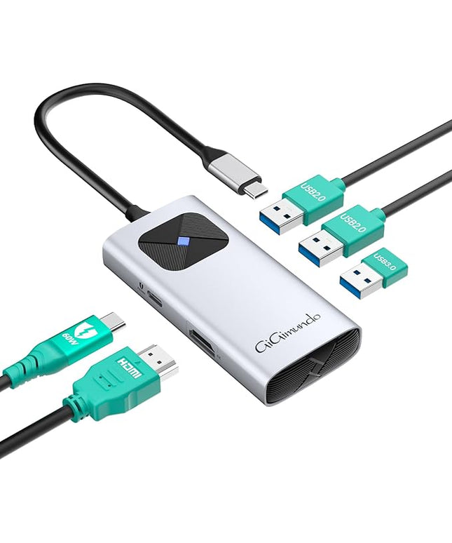 GiGimundo USB C Hub 5 in 1 Multiport Adapter for Laptop/Mac, 4K@60Hz USB C to HDMI Splitter, 60W Power Delivery, 3xUSB Data Ports, USB C Dongle for MacBook Pro/Air, iPad Pro, iMac, iPhone 17/16/15